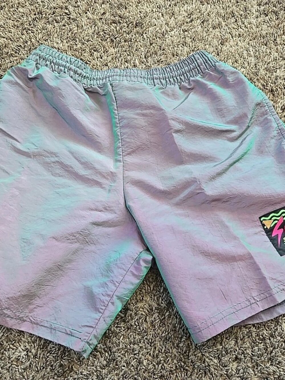 Vtg 90s Surf Style Shorts Purple Nylon Iridescent Windbreaker Swim Trunks sz M